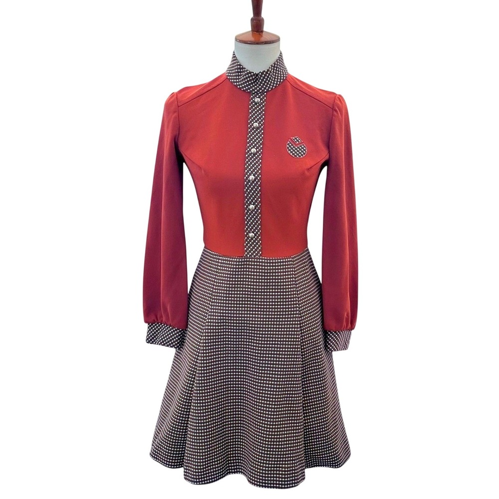 Vintage Gay Gibson 70s Mod Dress Houndstooth GoGo Retro Mock Neck XS Orange